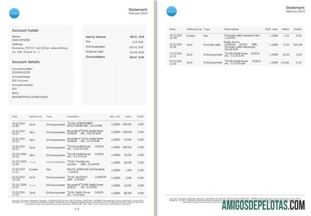 Extrato bancário Icard da Ucrânia de 3 a 6 meses, exemplo em Word e PDF, modelo de 2 páginas